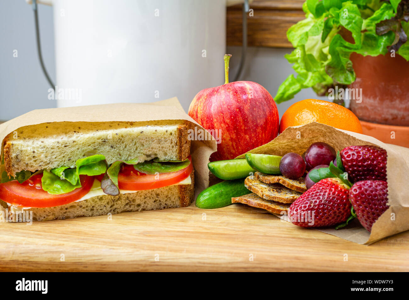 Gesundes Lunchpaket mit authentischen echte hausgemachte Sandwiches und frische Lebensmittel aus recyclingfähigem Papier sandwich Beutel verpackt Stockfoto