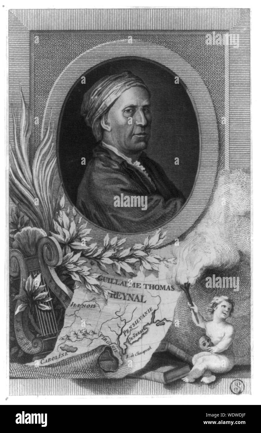 Guillaume Thomas Reynal Abstract: Drucken zeigt Guillaume-Thomas-François Reynal, Kopf und Schultern hoch, nach rechts in oval mit Lyra, Karte von Virginia, und ein cherub im Vordergrund. Stockfoto