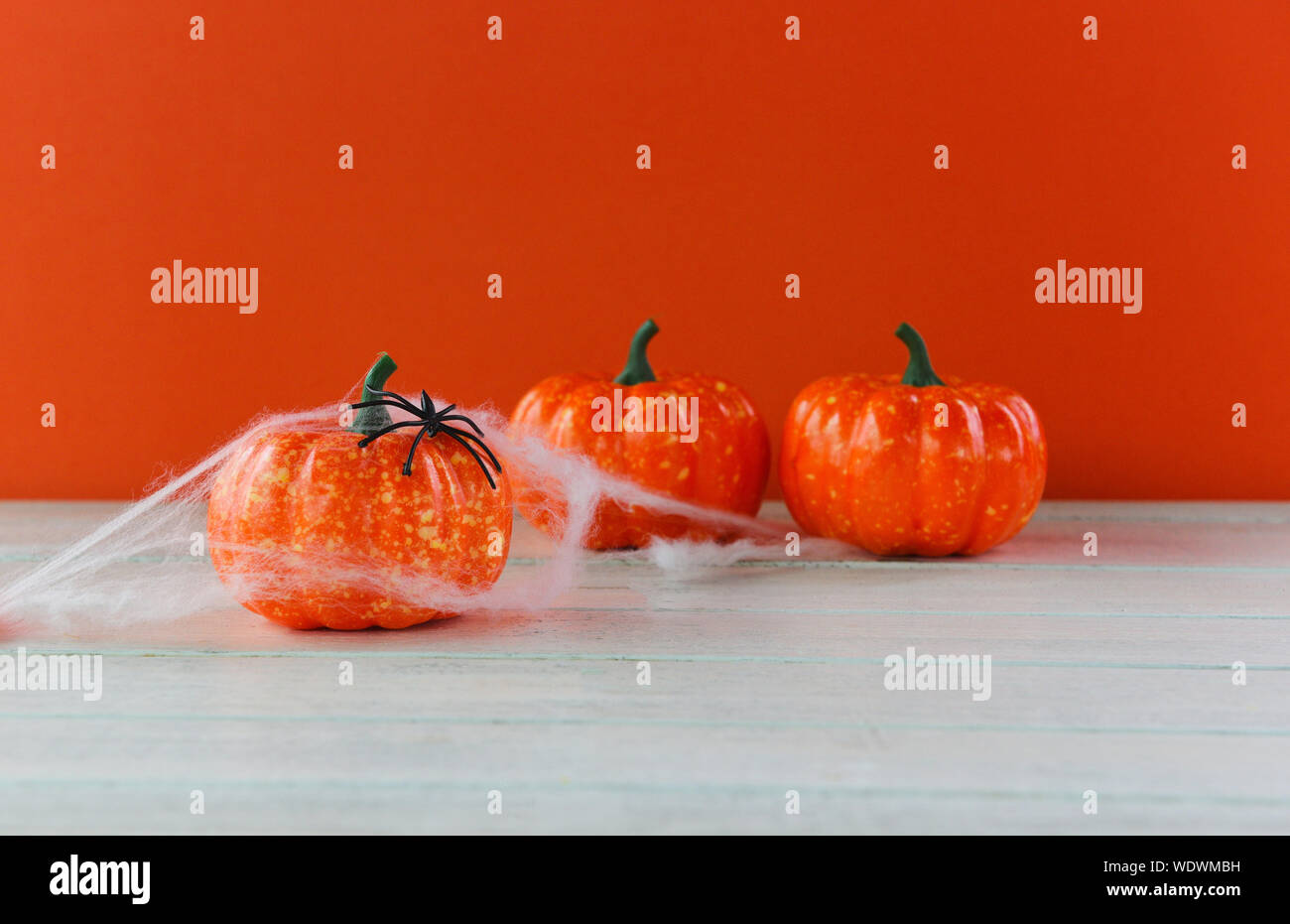 Halloween Hintergrund orange Urlaub festliche Konzept/Spider und Jack Kürbis Halloween Dekorationen für Zubehör von Drittanbietern Objekt eingerichtet Stockfoto