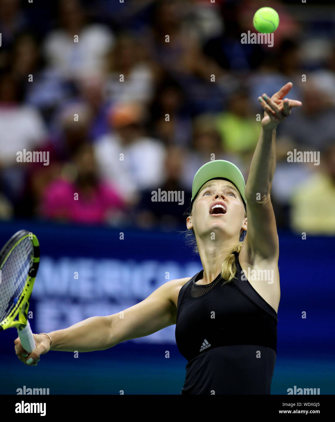 New York, Vereinigte Staaten. 29 Aug, 2019. Caroline Wozniacki aus Dänemark dient, um die Kugel zu Danielle Collins von den USA in der zweiten Runde an der 2019 US Open Tennis Championships am USTA Billie Jean King National Tennis Center am Donnerstag, 29. August 2019 in New York City. Wozniacki gewann 4-6, 6-3, 6-4. Foto von Monika Graff/UPI Quelle: UPI/Alamy leben Nachrichten Stockfoto