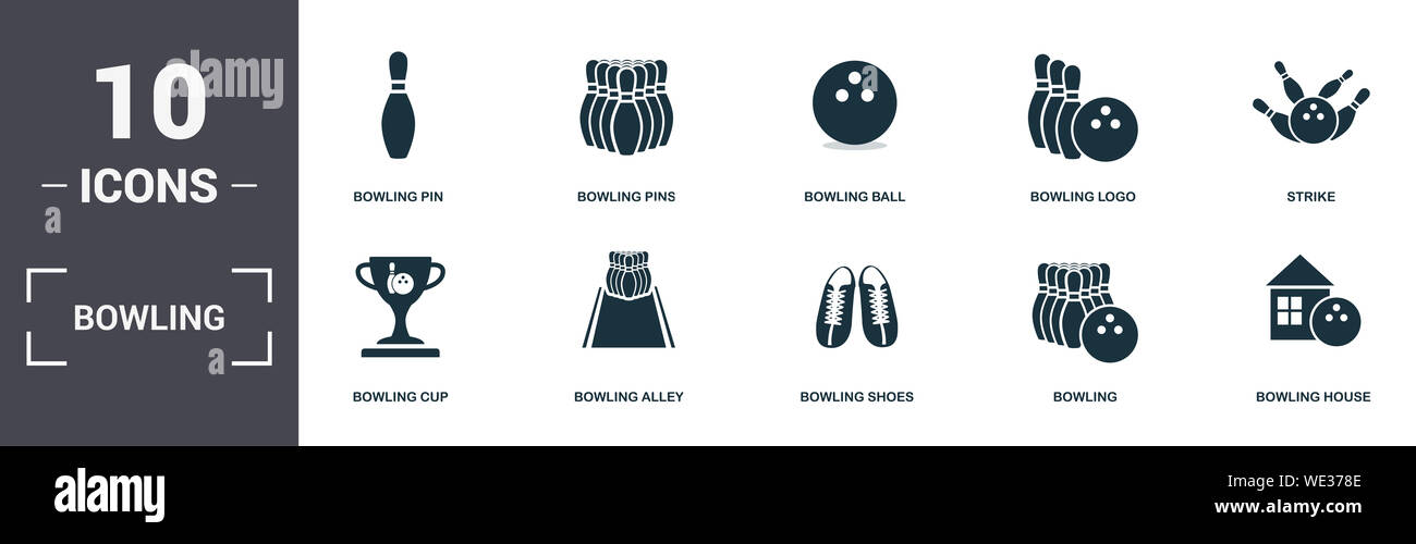 Bowling set icons Collection. Enthält einfache Elemente wie Bowling Pin, Pins, Bowling Ball, Logo, Streik, und Popcorn premium Symbole Stockfoto