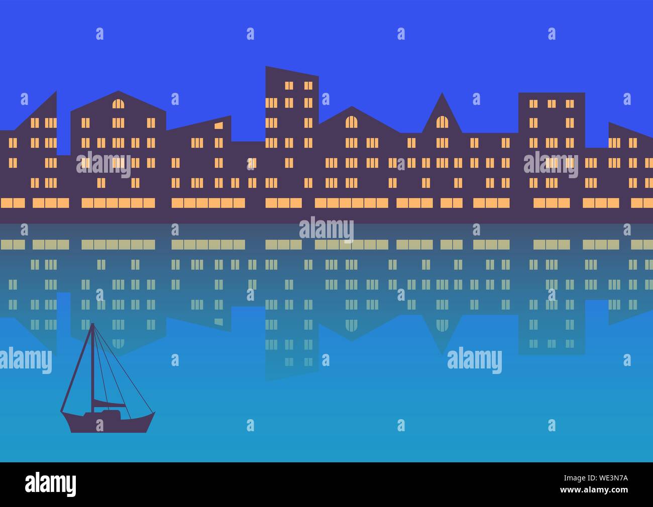 Abbildung der Stadt mit abendlichen Beleuchtung. Zusammenfassung Hintergrund. Horizontale Komposition. Vector EPS 10. Stock Vektor
