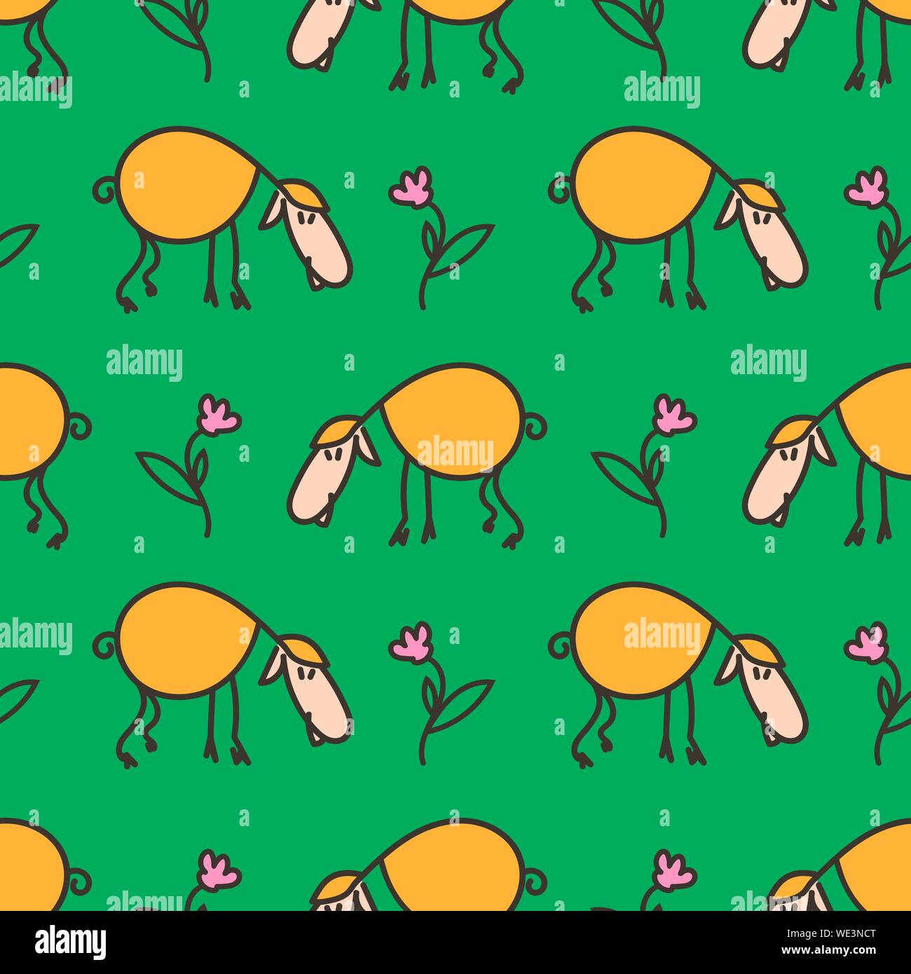 Nahtlose Muster mit Schafe auf der Wiese. Lustige Lamm. Vector EPS 10. Freistellungsmaske angewendet. Stock Vektor