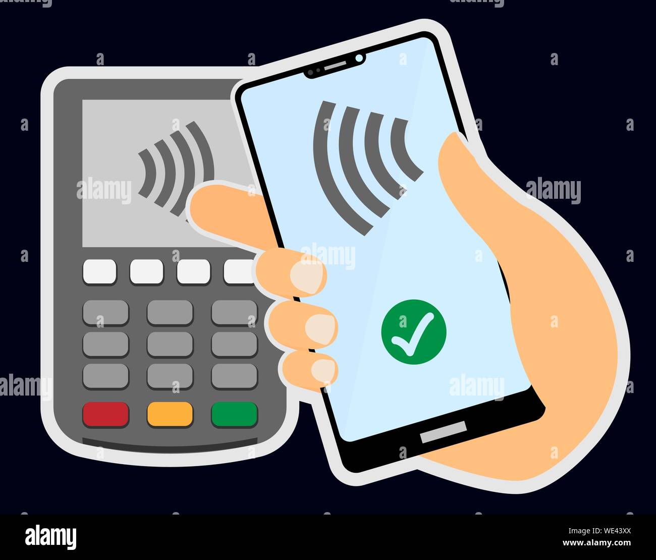 Das kontaktlose Bezahlen Konzept mit Hand gegen Wireless Payment Terminal Vektor-illustration smartphone Stock Vektor