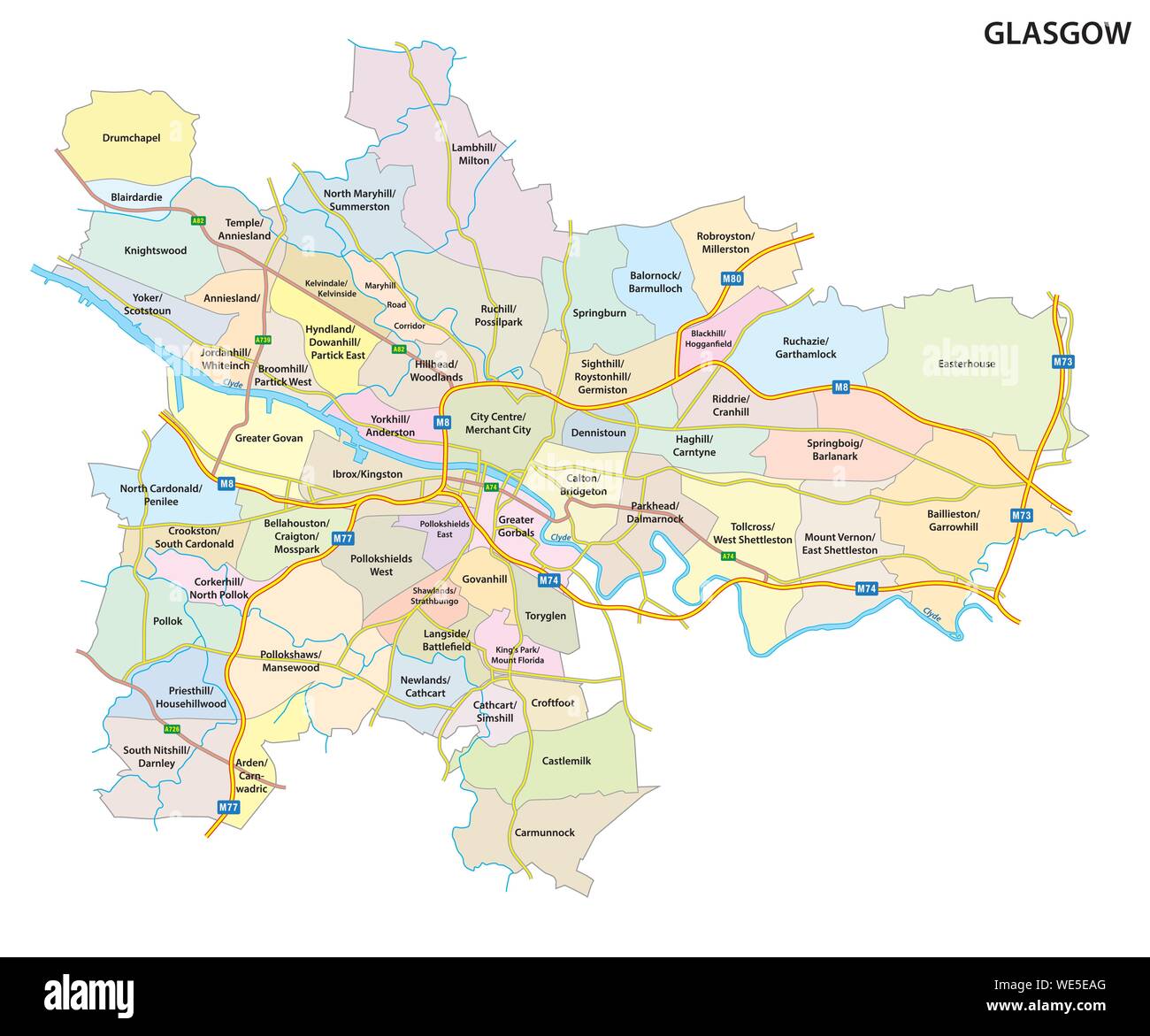 Karte der schottischen Stadt Glasgow mit Straßen und alle Gegenden der Stadt Stock Vektor