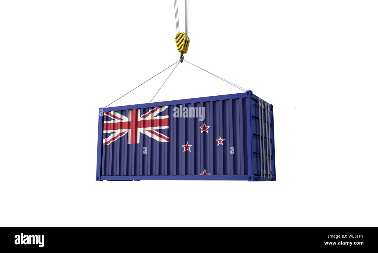Neuseeland Flagge cargo Handel Container hängen von einem Kran. 3D-Rendering Stockfoto