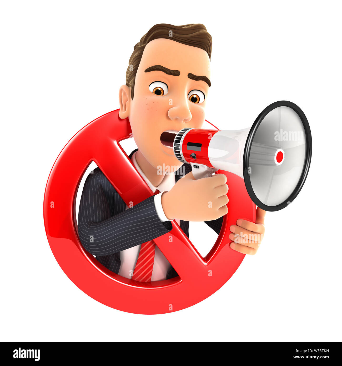 3d-Geschäftsmann mit Megafon und durch ein Verbotszeichen, Illustration mit isolierten weißen Hintergrund umgeben Stockfoto