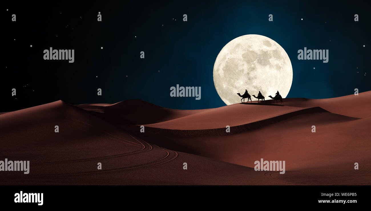 Drei Weisen reiten auf Kamelen in der Wüste unterwegs. Biblischen sterndeuter Konzept. Stockfoto