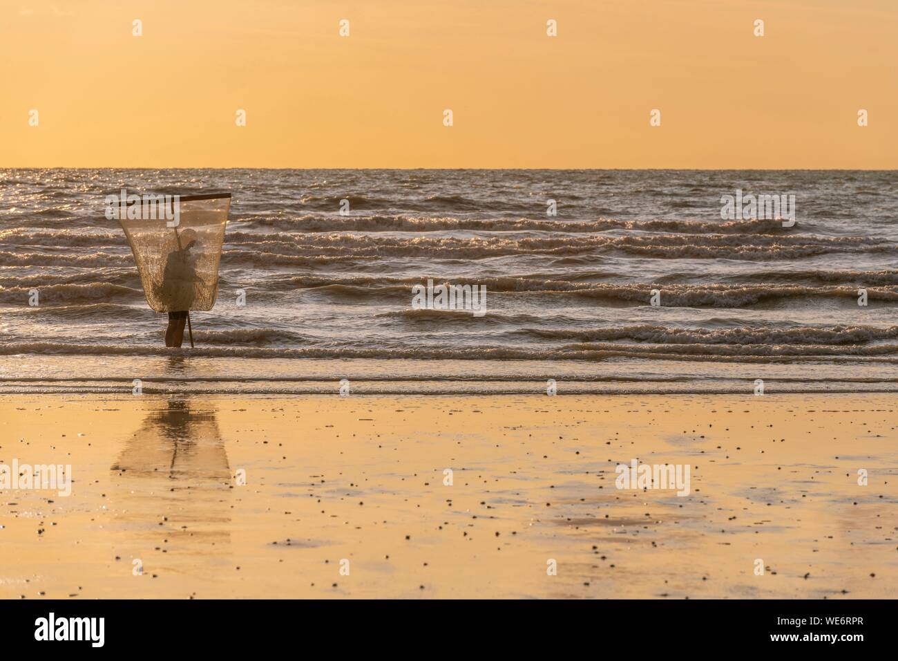 Frankreich, Somme, Ault, graue Garnelen Fischer am Strand von Ault mit ihren großen Netz Stockfoto