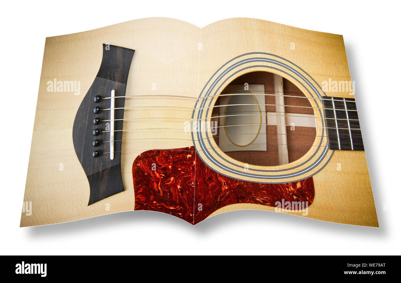 Holz- akustische Gitarre auf geöffnet Fotobuch auf weißem Hintergrund - ich bin der Urheber der Bilder in diesem 3D-Render verwendet. Stockfoto