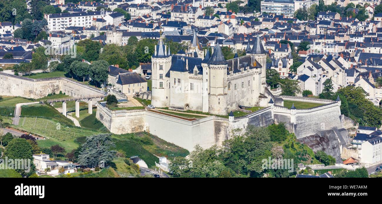Frankreich, Maine et Loire, Loire Tal als Weltkulturerbe der UNESCO, Saumur, das Schloss (Luftbild) Stockfoto