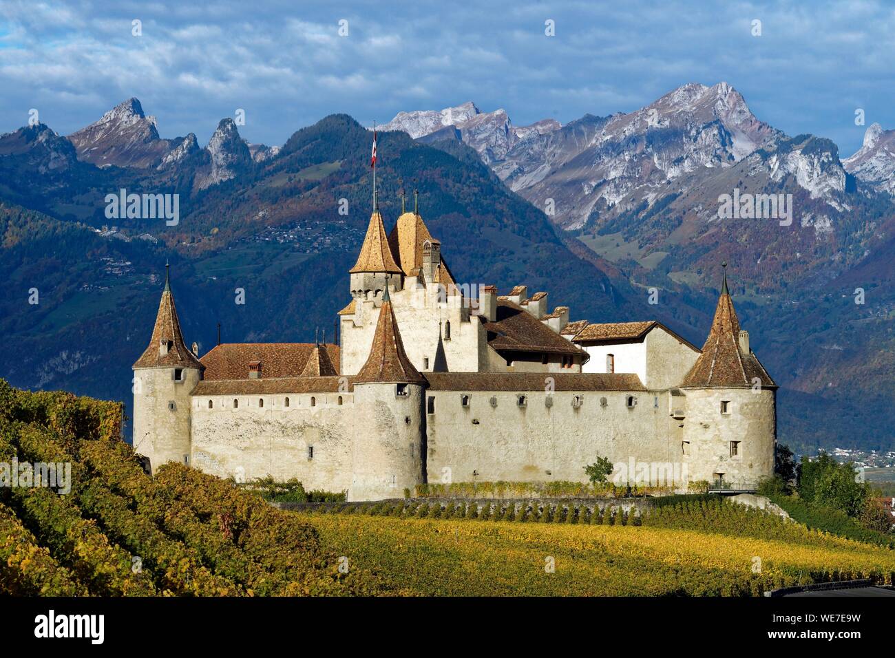 Schweiz, Kanton Waadt, Aigle, das Schloss von Weinbergen umgeben Stockfoto