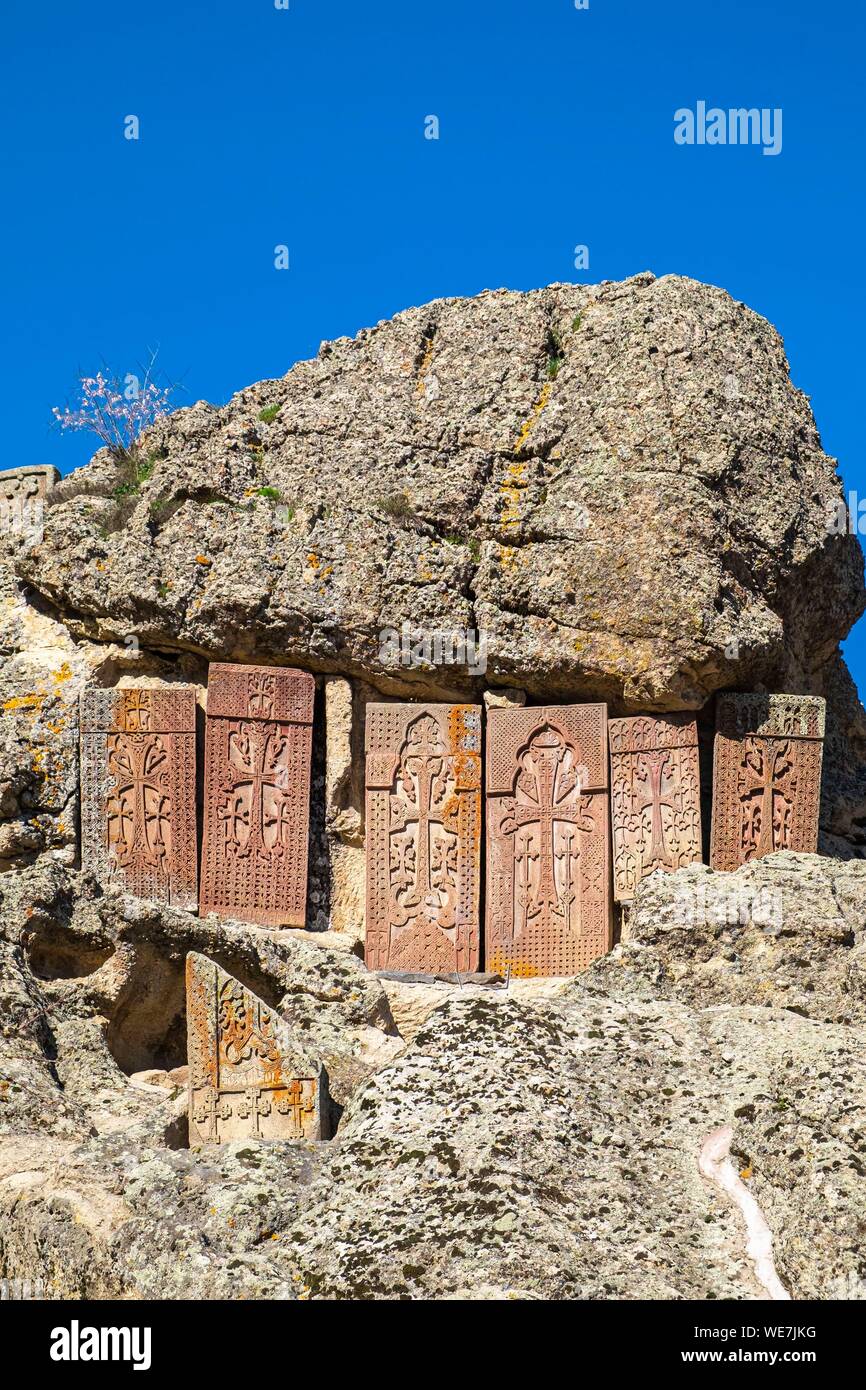 Armenien, Jerewan region, Geghard, Geghard mittelalterlichen Kloster zum Weltkulturerbe der UNESCO, khatchkars (Memorial Stele geschnitzt) Stockfoto