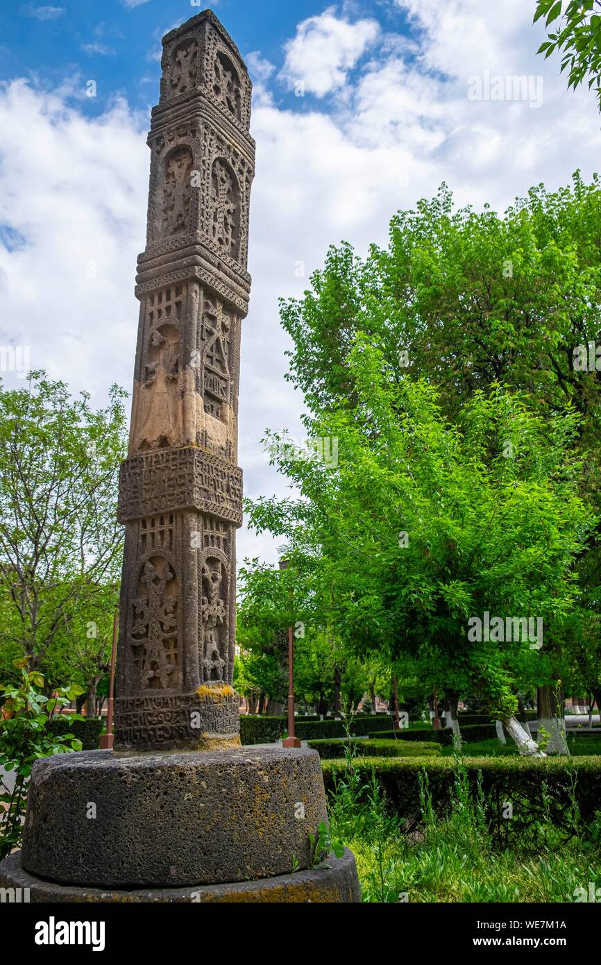 Armenien, Kirov region, Etschmiadzin, religiösen Komplex von etschmiadzin als Weltkulturerbe von der UNESCO, Khatchkar (Memorial Stele geschnitzt) Stockfoto