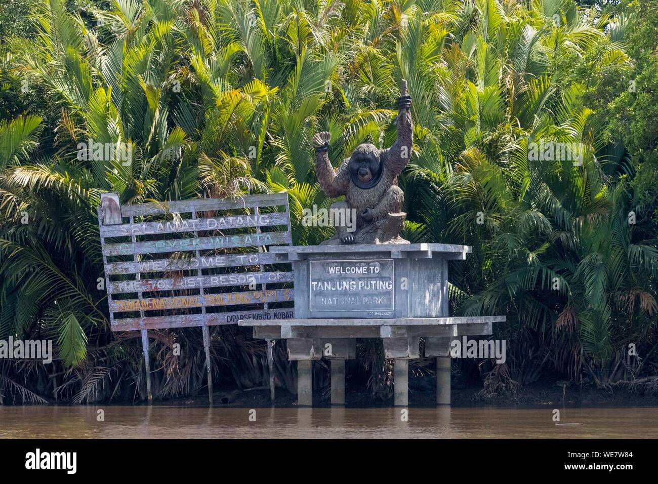 Indonesien, Borneo, Tanjung Puting Nationalpark, sekonyer River, sekonyer Dorf, Eingang des Nationalparks mit einem Orang Utan Statue Stockfoto