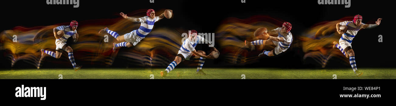 In wichtigen Moment erwischt. Ein kaukasischer Mann Rugby spielen auf dem Stadion in gemischten Licht. Passen männlicher Spieler in Bewegung oder Aktion beim Sport Spiel. Konzept für Sport, gesunde Lebensweise. Kreative Collage. Stockfoto