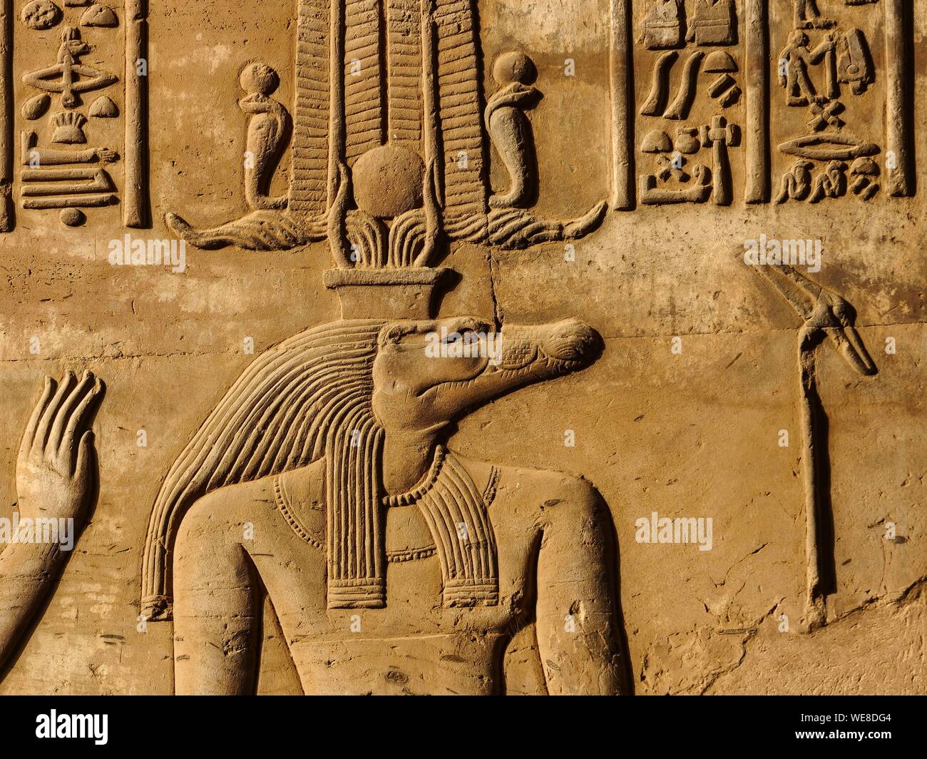 Ägypten, Ägypten, das Niltal, Flachrelief in Kom Ombo Tempel, der dem Krokodil - vorangegangen Gott Sobek geweiht Stockfoto