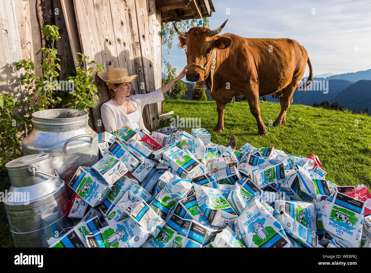 Frankreich, Haute Savoie, Morzine, La Cote d'Arbroz, den Pass von Ancrenaz, nap Der schäferin, die Reinrassigen Kuh von Savoie Stockfoto
