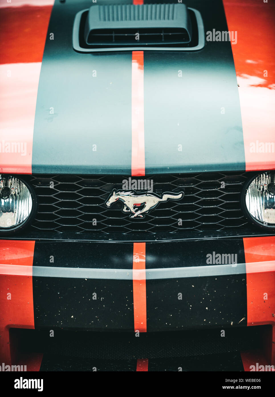 Klassische Leistung Fahrzeug nur noch besser. Rotes Auto. Ford Mustang Auto. Auto Stoßfänger mit Logo. Muscle Car klasse Automobil. Sechste Generation auto Modell Stockfoto