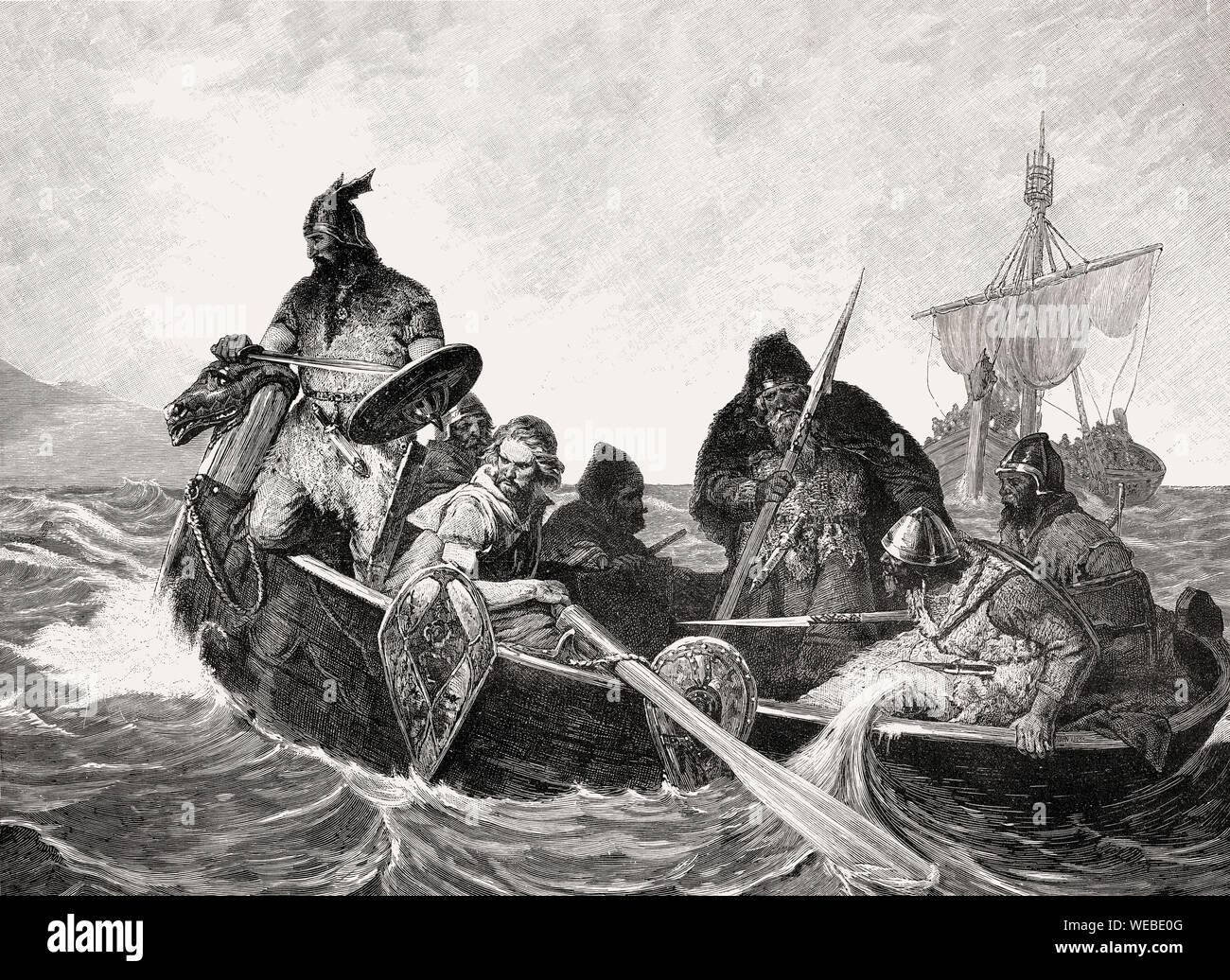 Normannen auf dem Weg nach Island per Boot, 10. Jahrhundert Stockfoto