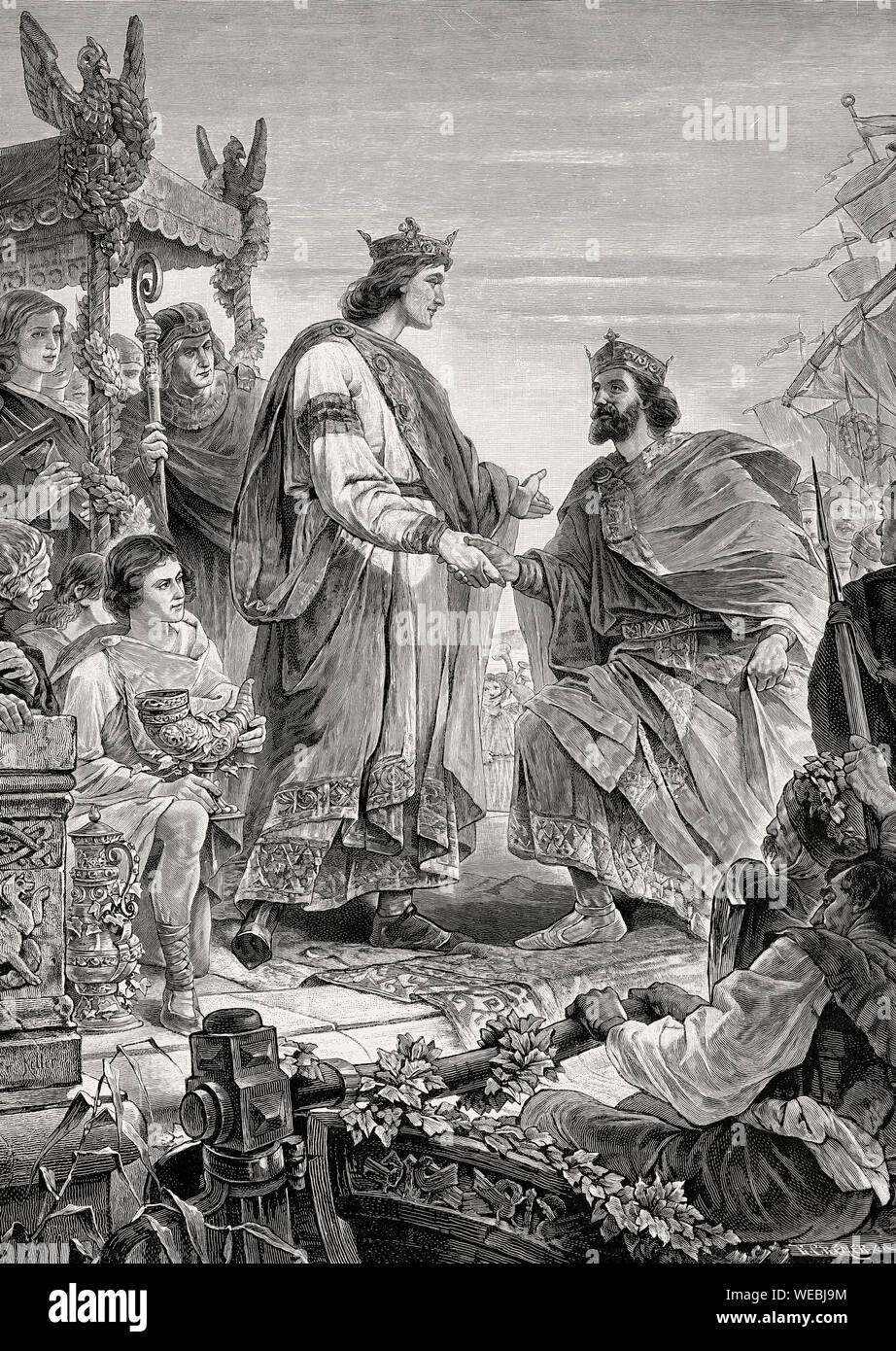 Tagung der Heinrich der Vogelsteller und Charles III das Einfache, 7. November 921, Vertrag von Bonn Stockfoto