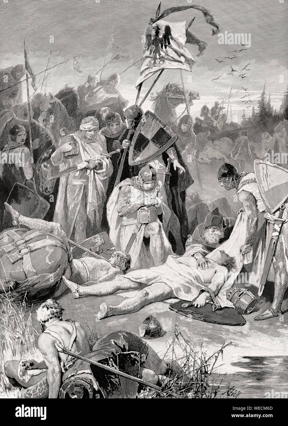 Rudolf von Habsburg an der Leiche von König Ottokar Böhmen, Schlacht auf dem Marchfeld, 26. August 1278 Stockfoto