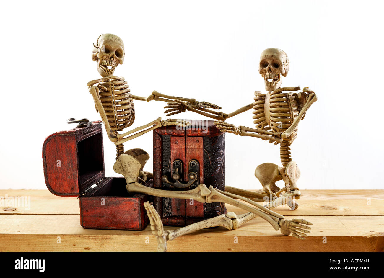 Skelett Piraten sitzen auf einer Schatztruhe und alten Holzboden auf weißem Hintergrund. Stockfoto