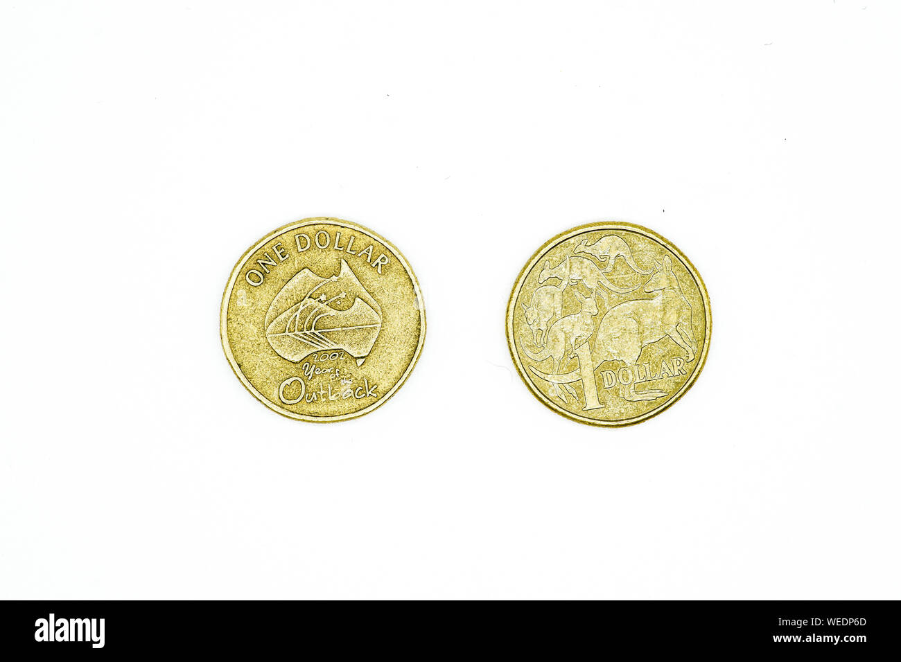 Australian Dollar Münzen auf weißem Hintergrund. Ein Dollar. Stockfoto