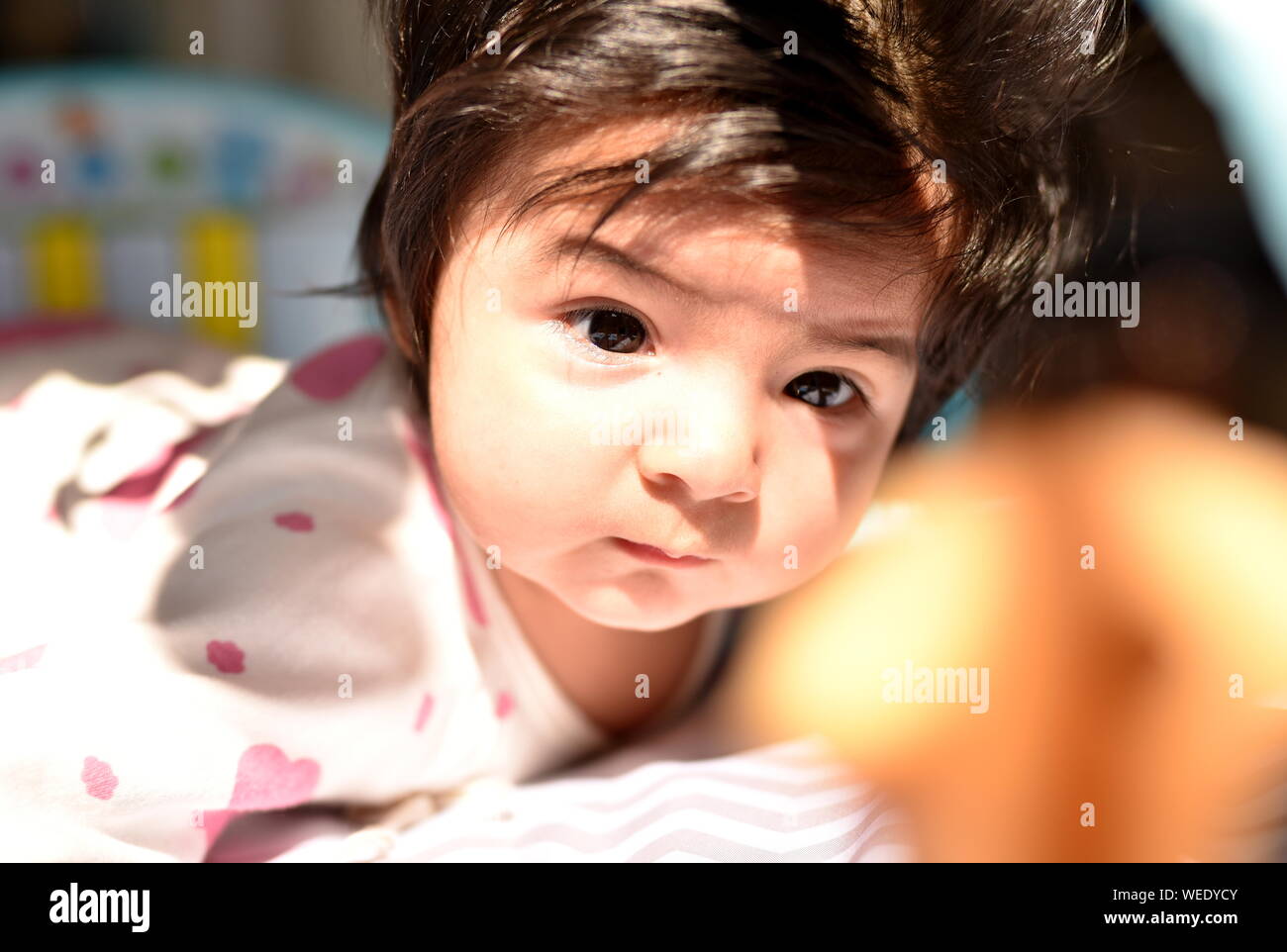 Süße Mischlinge Baby Mädchen aufmerksam an ihrem Spielzeug sieht in Kindergärten Stockfoto