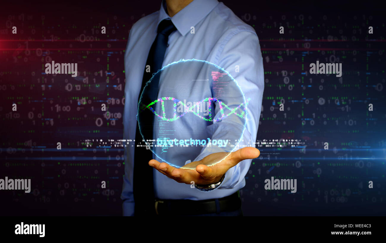 Mann mit dynamischen Biotechnologie und DNA-Helix Hologramm auf der Hand. Geschäftsmann und futuristisches Konzept der Bioinformatik, der Wissenschaft, der Biologie, der Chemie und der r Stockfoto