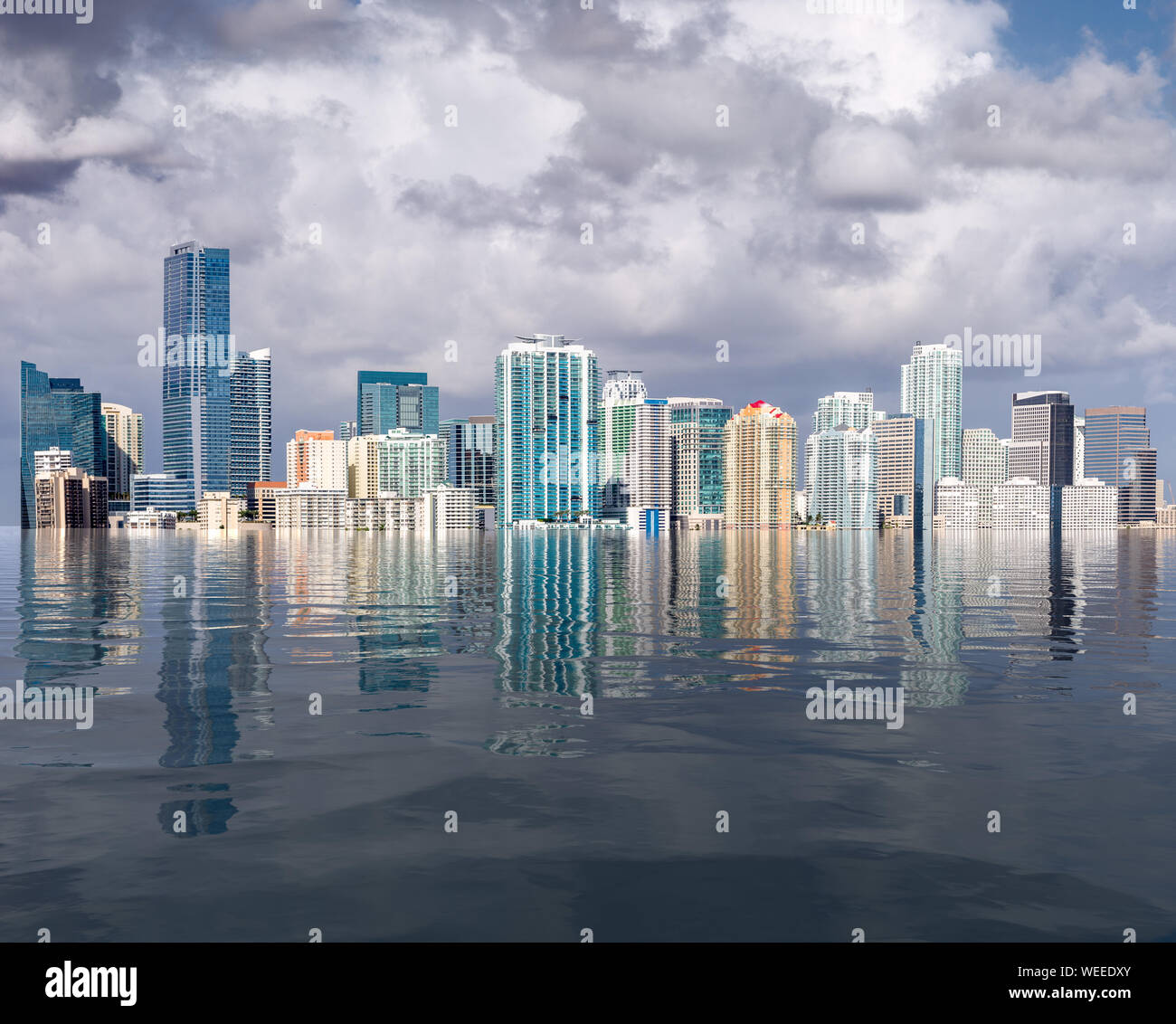 Die Miami Skyline Konzept des Anstiegs des Meeresspiegels und Überschwemmungen von der globalen Erwärmung Stockfoto