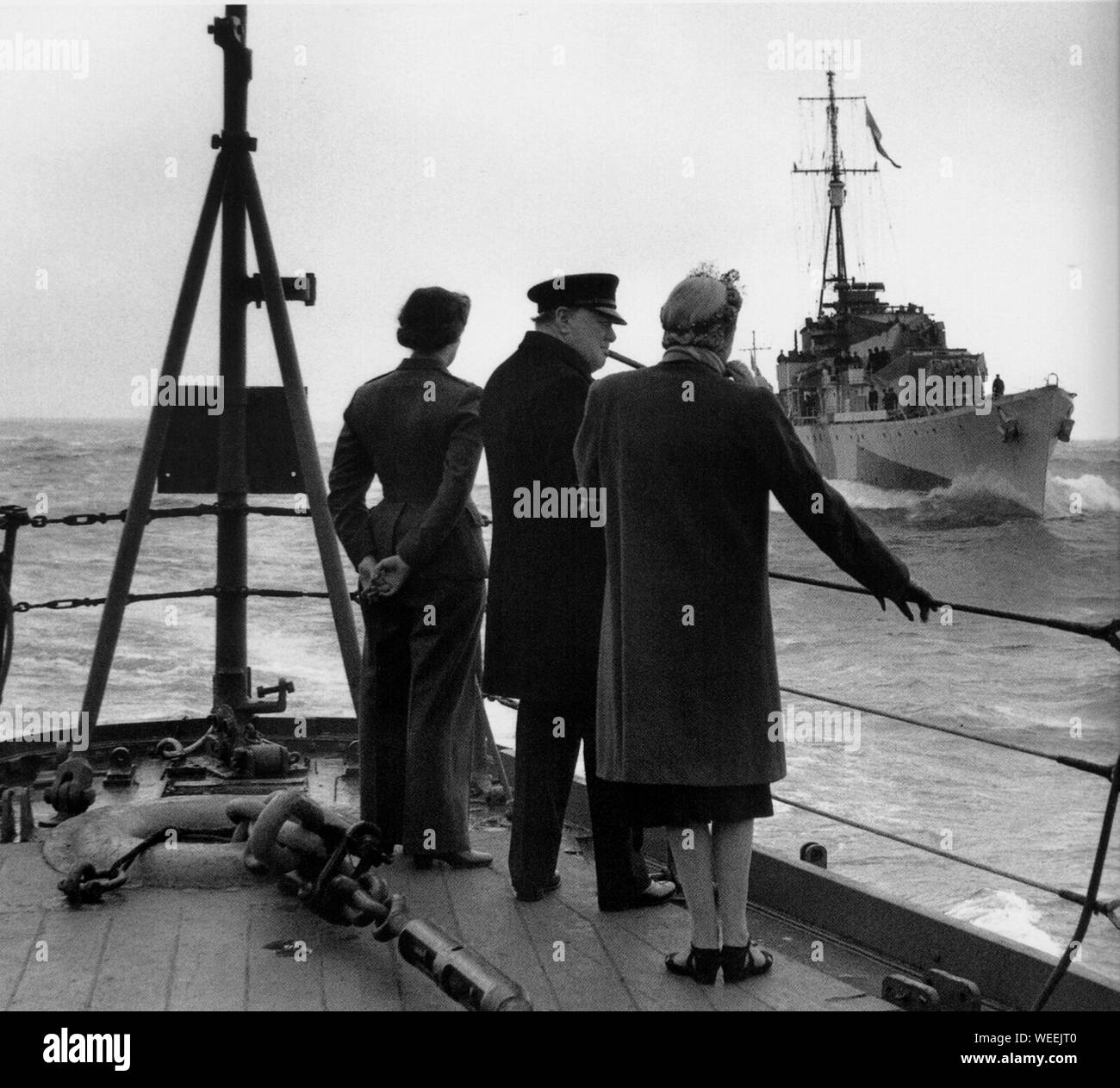 Winston Churchill mit seiner Frau und Tochter Mary Rückkehr nach Großbritannien aus den Vereinigten Staaten an Bord HMS Renown. September 1943 Stockfoto