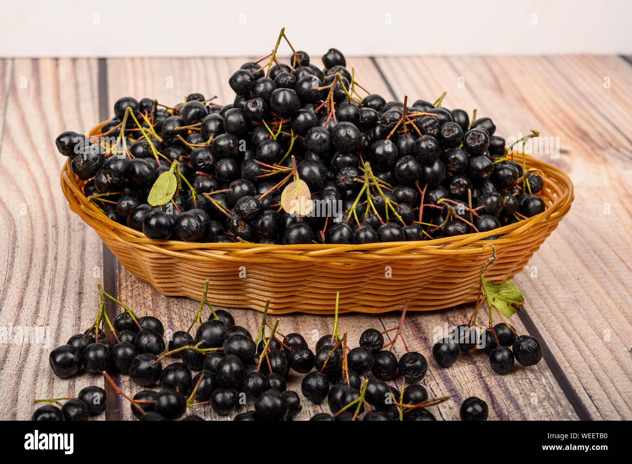 Reif Aronia Beeren in einem Weidenkorb auf dem Tisch. Stockfoto