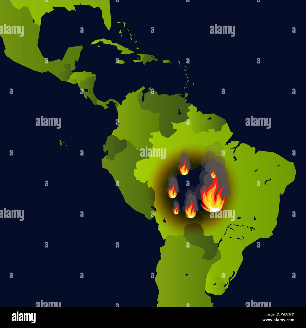 Waldbrände Banner, Kamin auf Karte, Disaster in Südamerika News, Papier, das brennt raucht und Qualmt aus Feuer, Vector Illustration. Stock Vektor