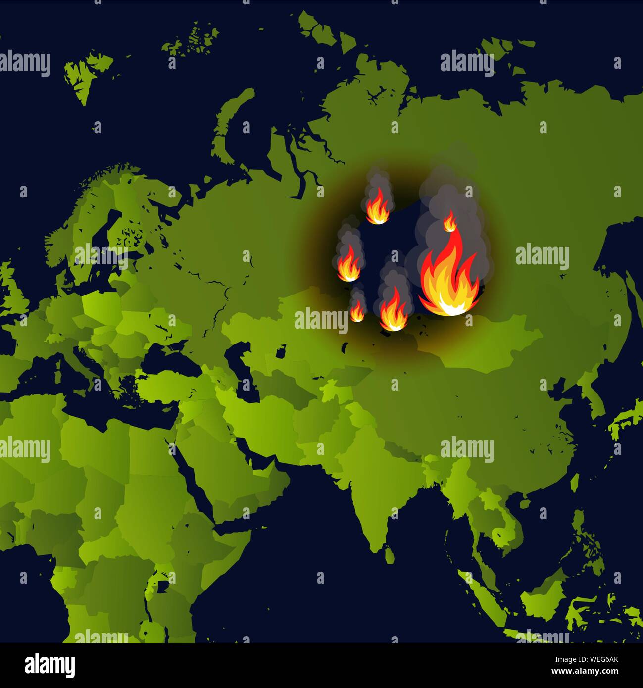 Waldbrände Banner, Kamin auf Karte anzeigen Katastrophe im russischen Sibirien Nachrichten, Papier, das brennt raucht und Qualmt aus Feuer, Vector Illustration. Stock Vektor