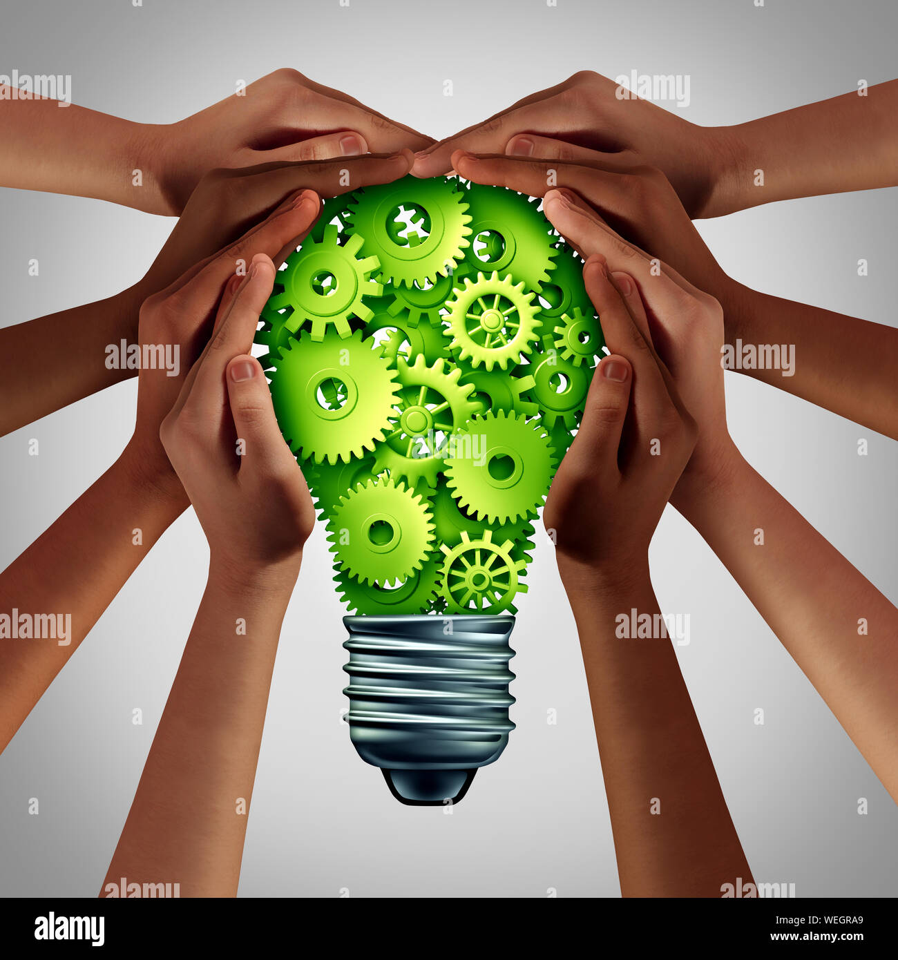 Elektrische Leistung Konzept und Energieeffizienz Idee als eine grüne Lösung mit vielfältigen Hände halten eine Glühbirne für alternativen Kraftstoff. Stockfoto