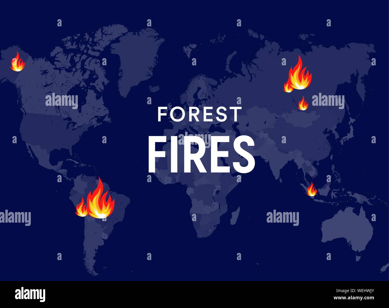 Breaking News Buschfeuer Poster Konzept. Brände Orte auf der Weltkarte, Waldbrände Zentren. Banner Design Template für News, Social Media oder Web. Vektor Stock Vektor