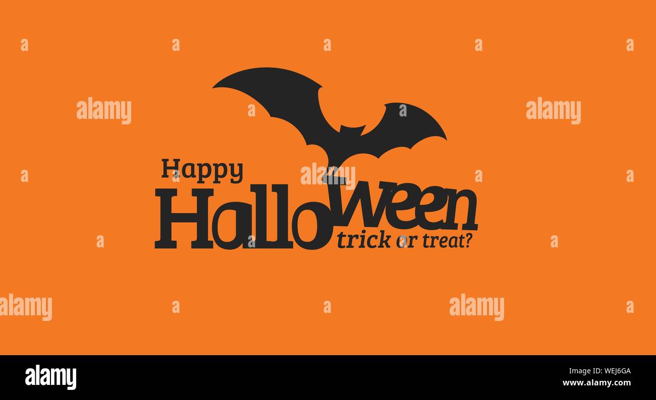 Happy Halloween Text mit schwarzer Silhouette von Flying bat. Trick oder Text behandeln. Isolierte Design für Halloween event, Promo, Logo, Banner, Monogramm und Stock Vektor