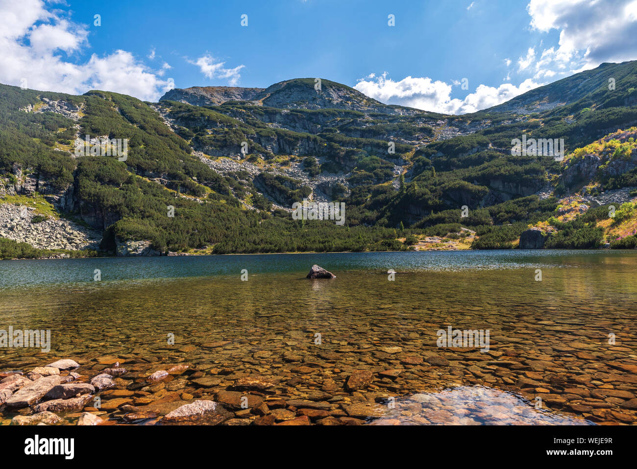 Bergsommer Landschaft Panoramablick mit schönen Yonchevo See, Rila Nationalpark, Bulgarien Stockfoto