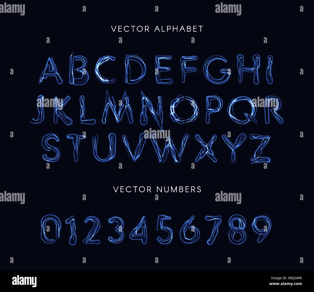 Blauer Blitz stil Buchstaben und Zahlen. Ungewöhnliche plasma Font, Stromleitungen Alphabet, Magic abc. Vektor gesetzt. Stock Vektor