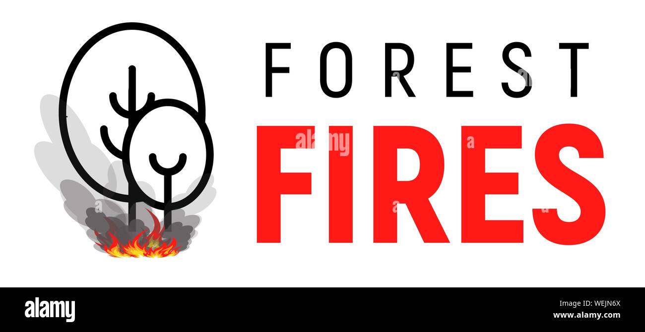 Waldbrände. Zwei Bäume mit Lagerfeuer unter ihnen. Flache Linie logo Vorlage. Isolierte Vector Illustration auf weißem Hintergrund. Stock Vektor