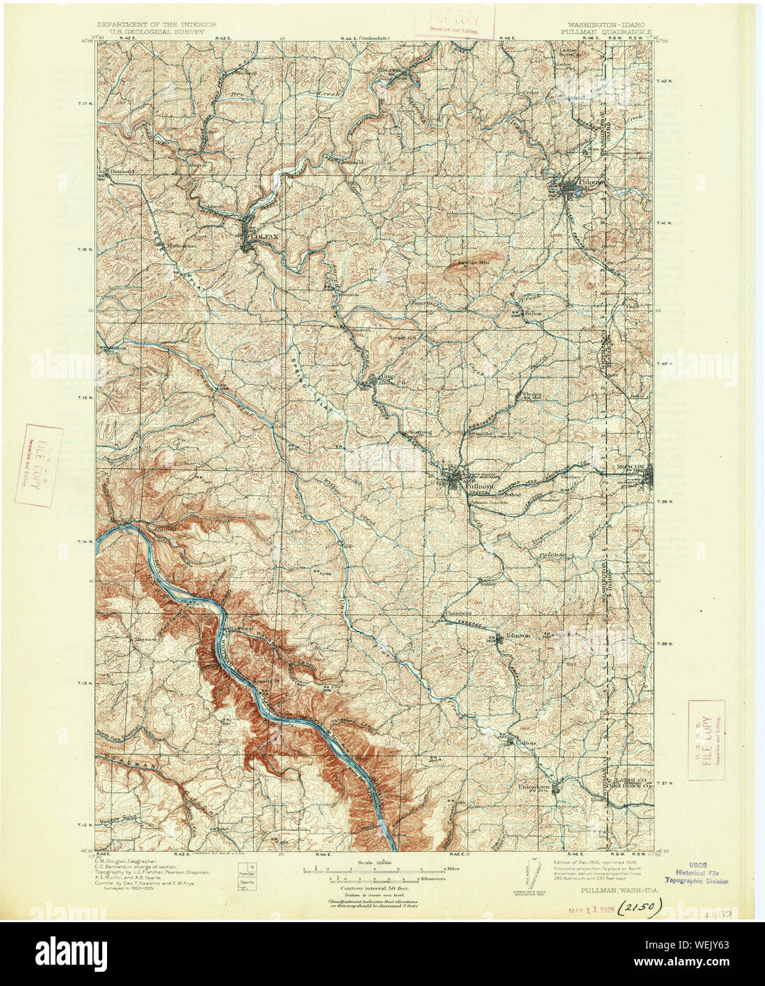 USGS Topo Karte Staat Washington WA Pullman 243306 1910 125000 Restaurierung Stockfoto