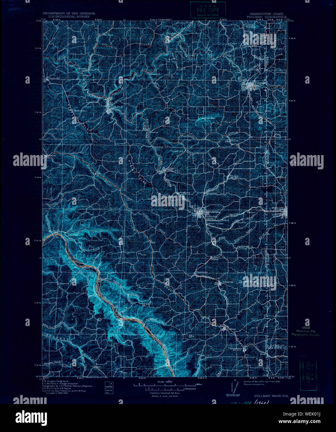 USGS Topo Karte Staat Washington WA Pullman 243307 1910 125000 invertiert Wiederherstellung Stockfoto