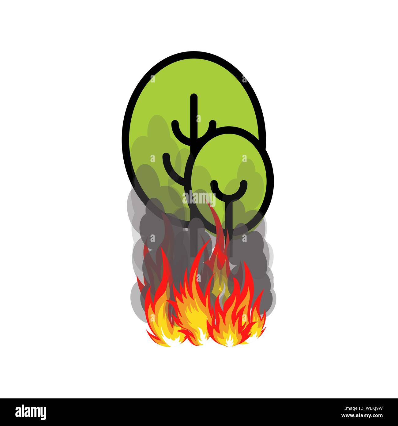 Waldbrände Symbol, zwei Bäume mit Feuer unter Ihnen, Vector Illustration auf weißem Hintergrund. Stock Vektor