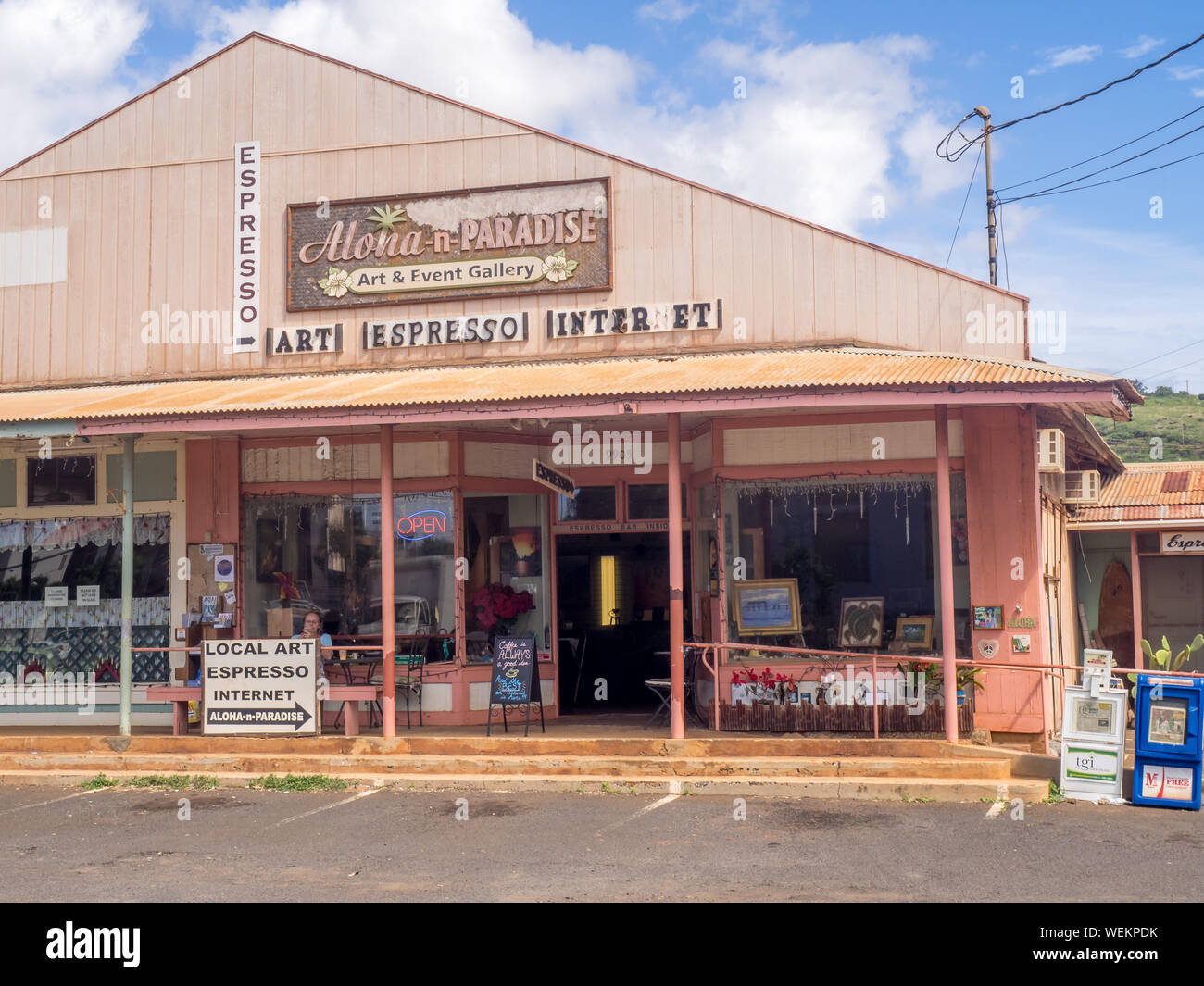 Geschäft in Waimea Town am 7. März in Kauai, Hawaii 2017. Dieses historische Hafenstadt finden Sie in der Nähe, in dem Britischen Entdecker James Cook Tanne. Stockfoto