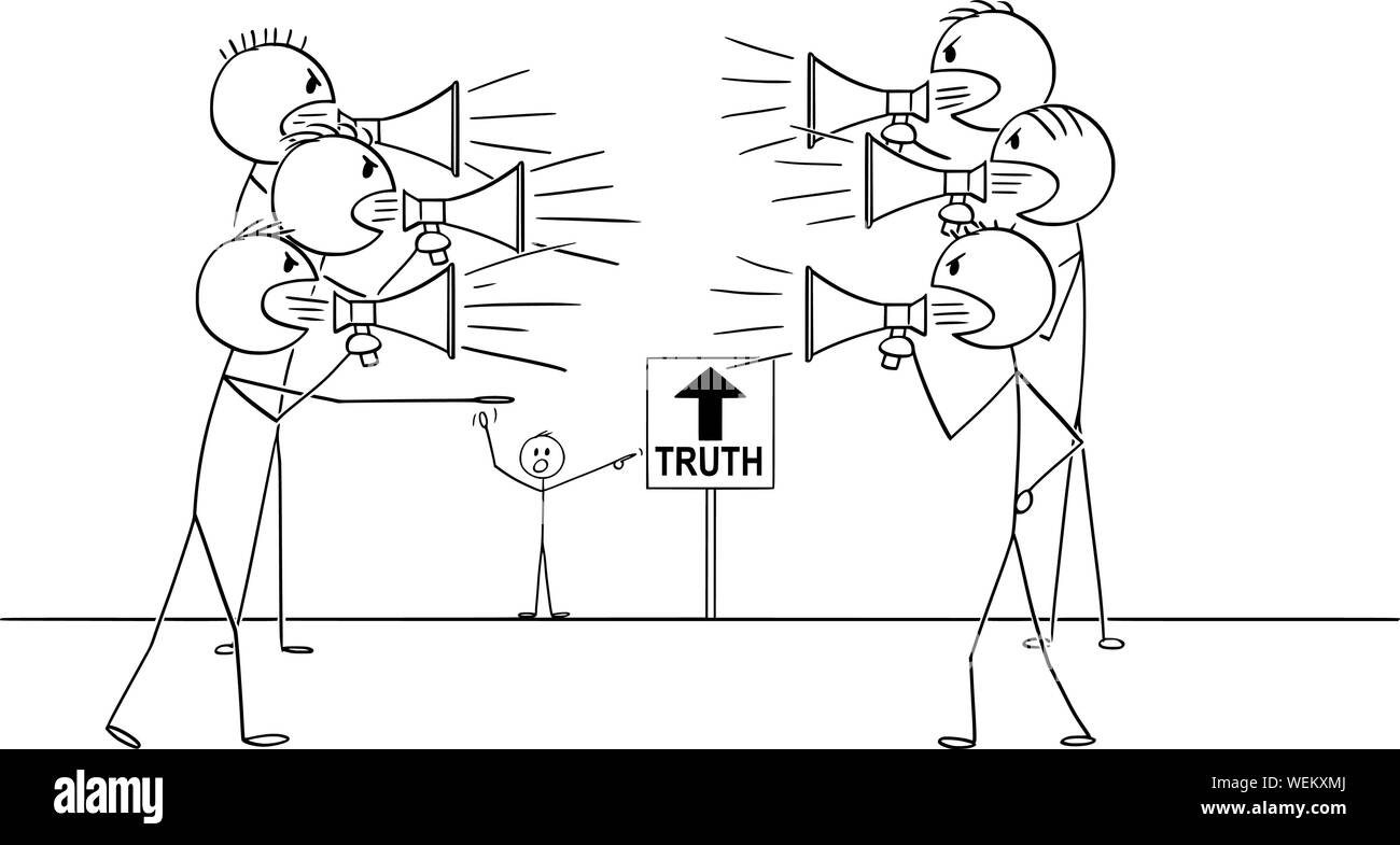Vektor cartoon Strichmännchen Zeichnung konzeptuelle Abbildung von zwei Gruppen von Menschen mit Lautsprechern zu schreien und zu kämpfen. Aber die sind falsch, die Wahrheit ist anderswo. Stock Vektor