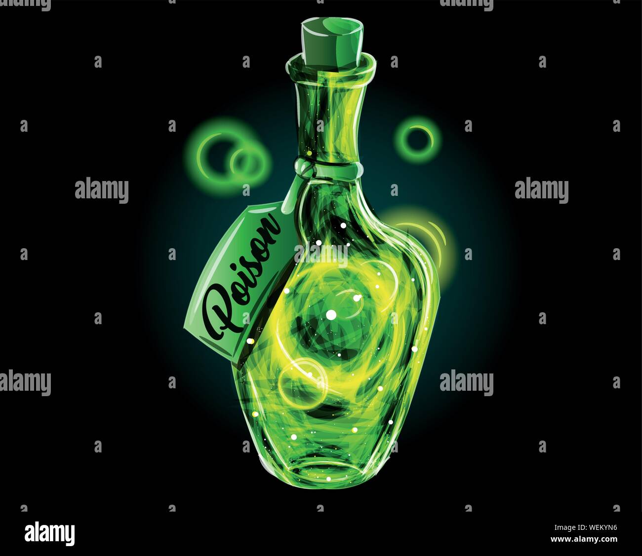 Gift in eine magische Flasche. Eine grüne Universum in einem jar Abbildung. Neon giftige Fantasie Wirkung. Magic Flüssigkeit für Medizin, Wissenschaft vector voller Licht. Stock Vektor