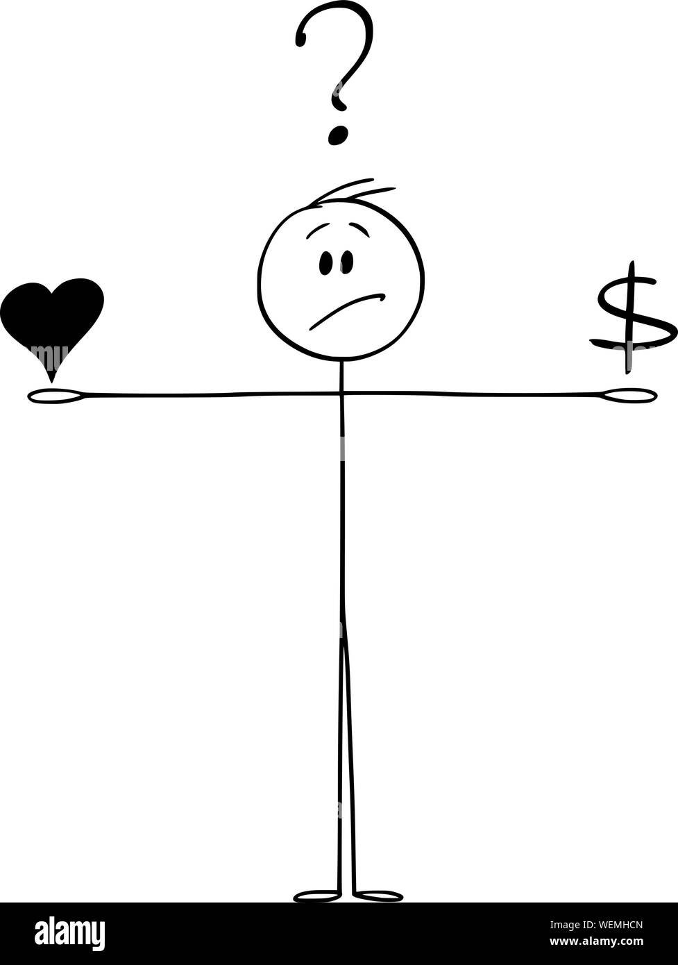 Vektor cartoon Strichmännchen Zeichnen konzeptionelle Darstellung der Mann balancing Liebe und Geld und wenn man bedenkt, dass es. Herd- und Dollar Symbole auf der Skala. Stock Vektor