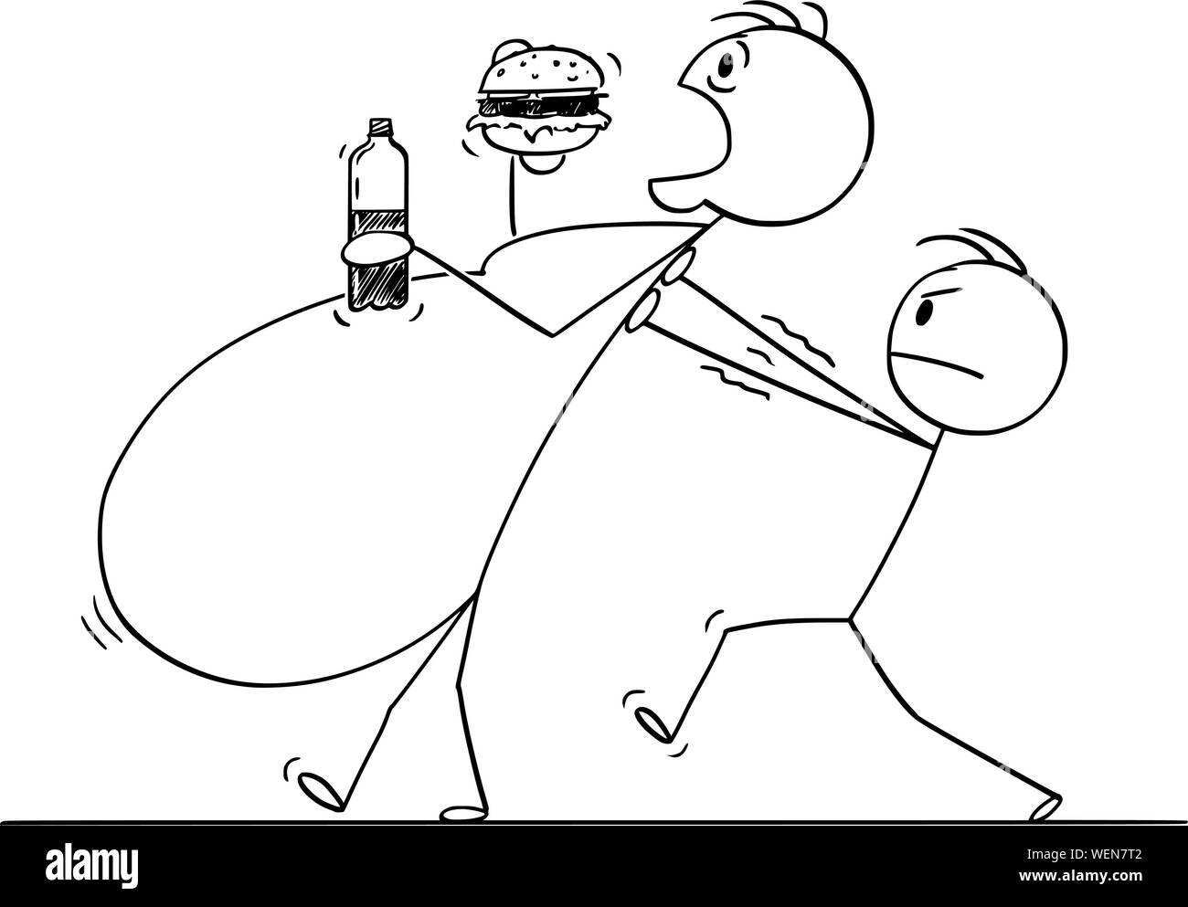 Vektor cartoon Strichmännchen Zeichnung konzeptuelle Darstellung von Übergewicht, krankhafte Fettleibigkeit oder Fat man Essen ungesundes Essen während ein anderer Mann hilft ihm zu gehen. Stock Vektor