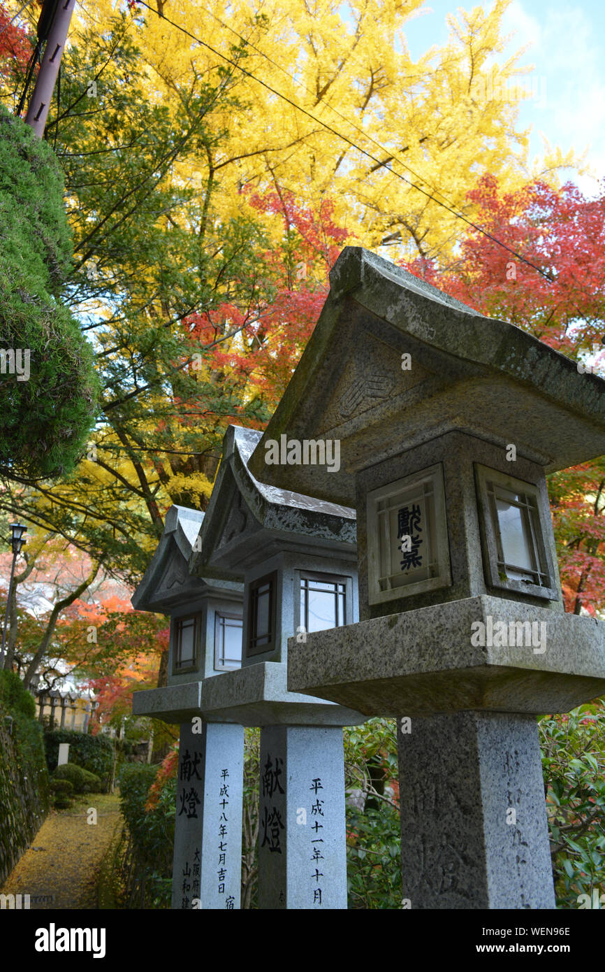 Japanische Steinlaternen mit farbenfrohen Ahornbäumen Stockfoto